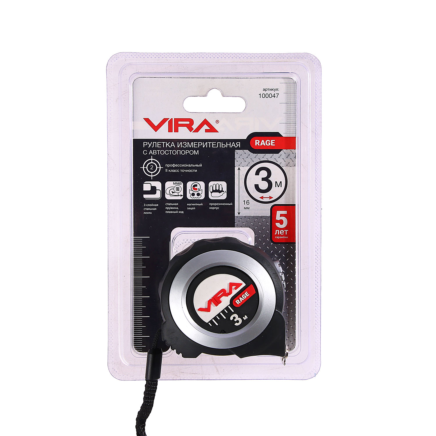 Рулетка  3м х16мм резино-пластик. корпус стальная лента автостоп магнит арт.100047 VIRA RAGE *1