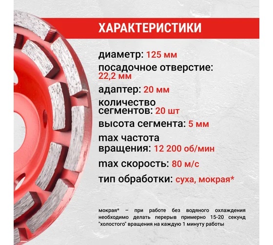 Чашка алмазная шлифовальная 125*22,20мм бетон/камень/кирпич двухрядная арт.592035 VIRA *1/20/40