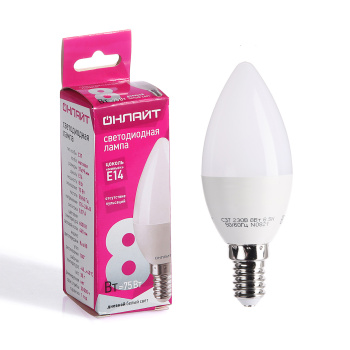 Лампа светодиодная ОНЛАЙТ, Е14, свеча C37, 8 Вт, 6500 К, холодный белый