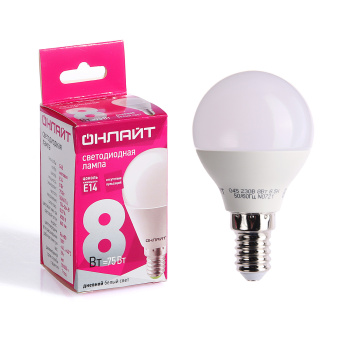Лампа светодиодная ОНЛАЙТ, Е14, шар G45, 8 Вт, 640 Лм, 6500 К, холодный белый