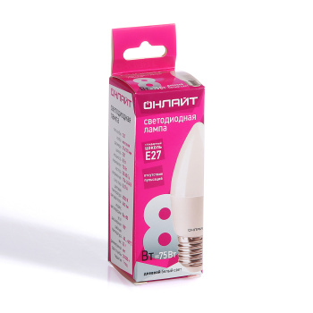 Лампа светодиодная ОНЛАЙТ, Е27, свеча C37, 8 Вт, 640 Лм, 6500 К, холодный белый