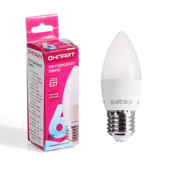 Лампа светодиодная ОНЛАЙТ, Е27, свеча C37, 6 Вт, 470 Лм, холодный белый свет