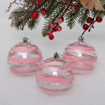 Набор новогодних шаров "Сказочный узор", диаметр 8 см, 3 шт., розовый/серебро