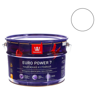 Краска акриловая 9 л для стен и потолков Tikkurila Euro Power 7, белая база А, матовая