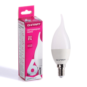 Лампа светодиодная ОНЛАЙТ, Е14, свеча на ветру FC37, 6 Вт, 480 Лм, 6500 К, холодный белый