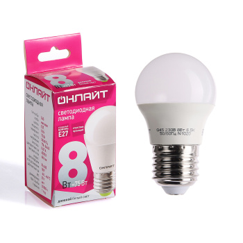 Лампа светодиодная ОНЛАЙТ, Е27, шар G45, 8 Вт, 640 Лм, 6500 К, холодный белый