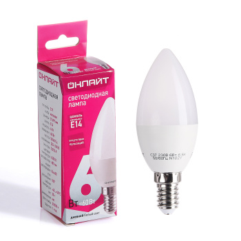Лампа светодиодная ОНЛАЙТ, Е14 свеча C37, 6 Вт, 480 Лм, 6500 К, холодный белый
