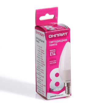 Лампа светодиодная ОНЛАЙТ, Е14, свеча C37, 8 Вт, 6500 К, холодный белый