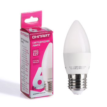 Лампа светодиодная ОНЛАЙТ, Е27, свеча C37, 6 Вт, 480 Лм, 6500 К, холодный белый