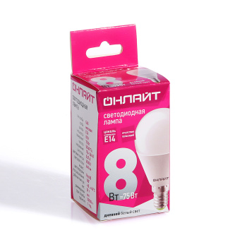 Лампа светодиодная ОНЛАЙТ, Е14, шар G45, 8 Вт, 640 Лм, 6500 К, холодный белый
