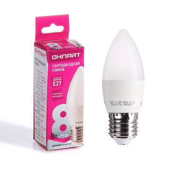 Лампа светодиодная ОНЛАЙТ, Е27, свеча C37, 8 Вт, 640 Лм, 6500 К, холодный белый