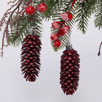 Набор елочных игрушек "Шишки блестящие", 9 см, 2 шт., рубин