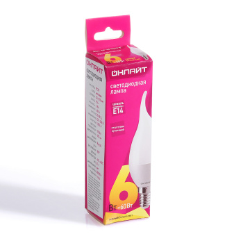 Лампа светодиодная ОНЛАЙТ, Е14, свеча на ветру FC37, 6 Вт, 450 Лм, 2700 К, теплый белый