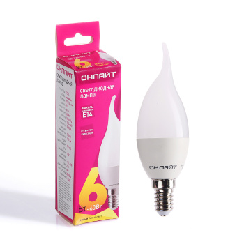 Лампа светодиодная ОНЛАЙТ, Е14, свеча на ветру FC37, 6 Вт, 450 Лм, 2700 К, теплый белый