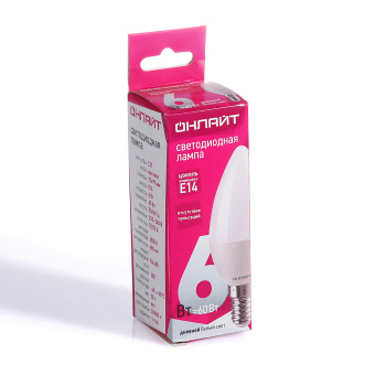 Лампа светодиодная ОНЛАЙТ, Е14 свеча C37, 6 Вт, 480 Лм, 6500 К, холодный белый